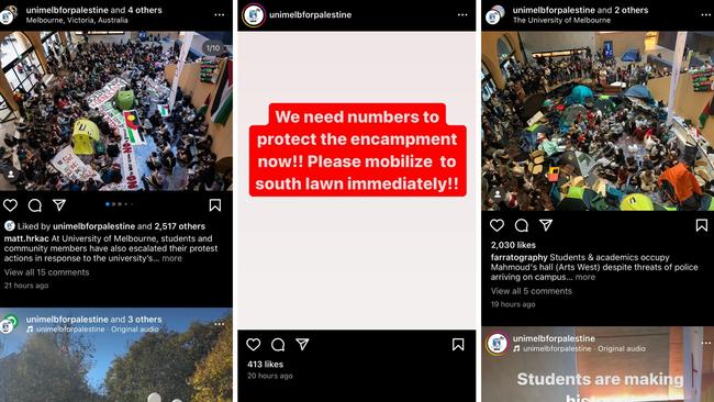 Various posts from student group Unimelb for Palestine, as students took over a building at the University of Melbourne this week. Pictures: Instagram