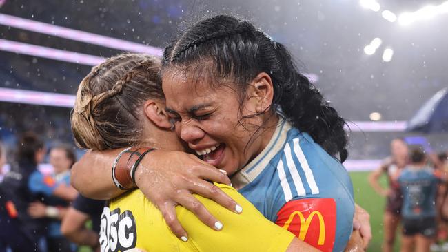 SYDNEY, AUSTRALIA - MAY 15: Sarah Togatuki of the Blues celebrates winning game two of the Women's State of Origin series between the New South Wales Blues and Queensland Maroons at Allianz Stadium on May 15, 2025 in Sydney, Australia. (Photo by Cameron Spencer/Getty Images)