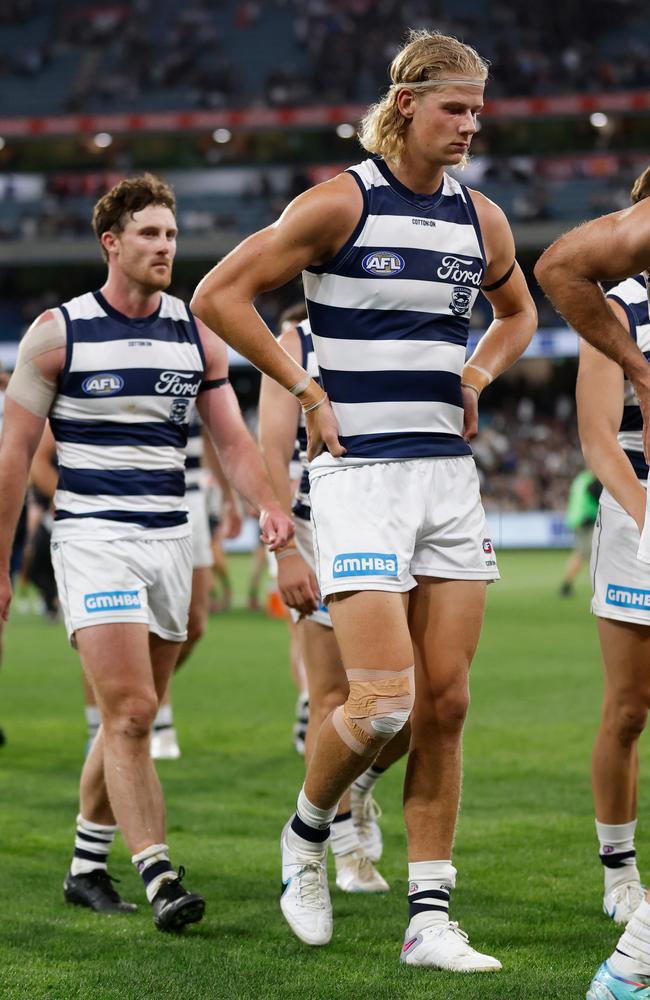 Sam De Koning had his right knee heavily strapped. Picture: Michael Willson/AFL Photos via Getty Images