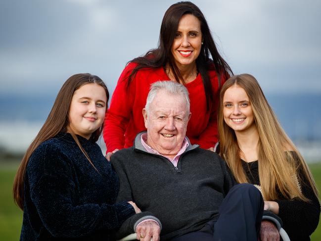 24/7/2019 Ken 'KG' Cunningham with his daughter Sally and granddaughters Hunter 15 (R) and Dakota 13 (L) at West Beach. The SA media icons 80th birthday is on 26/7/2019. Picture MATT TURNER.