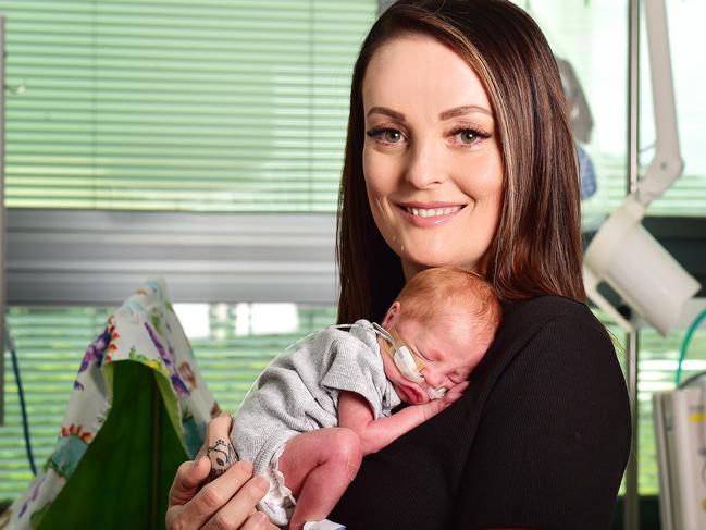 Tennille Sunderland with her son Ara, born on August 21, 11 weeks early, weighing 2 pound 7 ounces, and measuring only 41cm long. Picture: Shae Beplate.