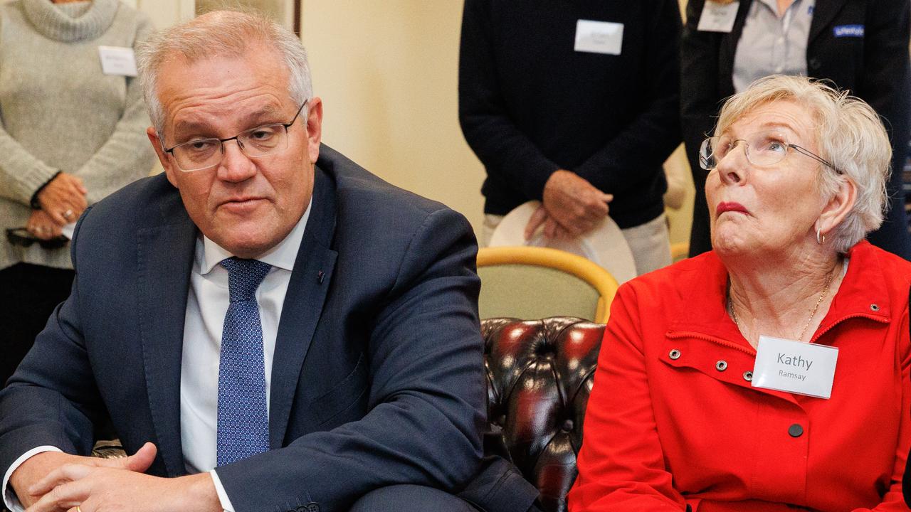 Prime Minister Scott Morrison chats with residents at The Parks Lifestyle Village in the marginal seat of Boothby in Adelaide. Picture: Jason Edwards