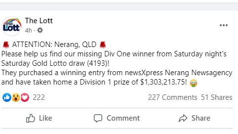 The winning lotto ticket for a jackpot over $1 million was bought at a Gold Coast newsagency. Picture: Facebook