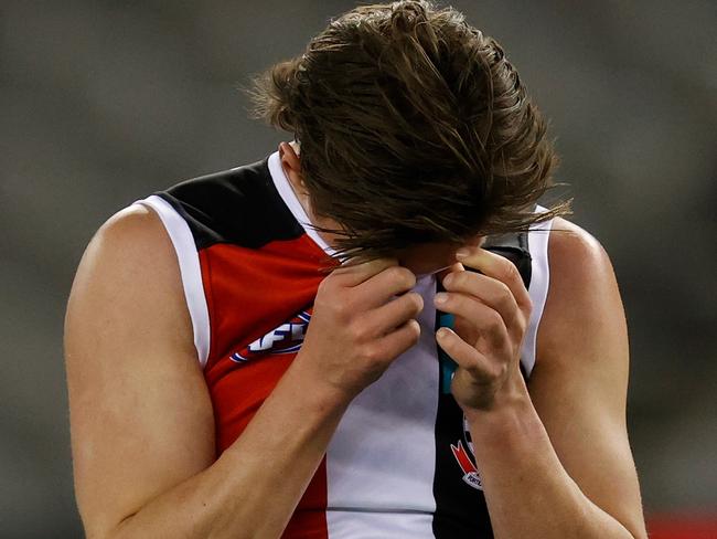 MELBOURNE, AUSTRALIA - JULY 30: Leo Connolly of the Saints looks dejected after a loss during the 2021 AFL Round 20 match between the St Kilda Saints and the Carlton Blues at Marvel Stadium on July 30, 2021 in Melbourne, Australia. (Photo by Michael Willson/AFL Photos via Getty Images)