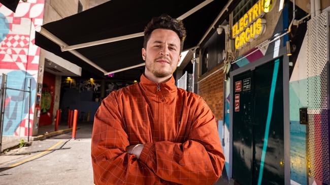 Electric Circus owner Jake Phillips at the front of his nightclub in Adelaide. Picture: Tom Huntley