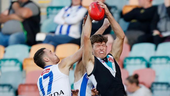 Mitch Georgiades reels in a mark in Port Adelaide’s victory.