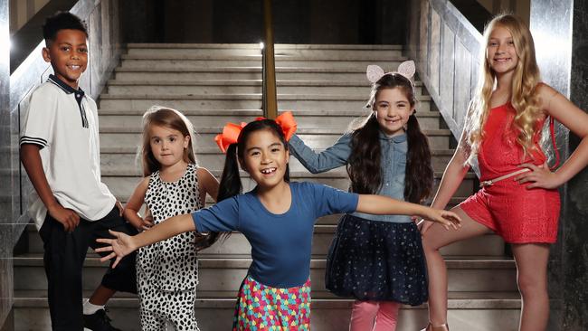 Kidz Fashion Week participants Kristo, 8, wearing Mini Raxevsky, Isabella, 4, off Channel 10s Offspring wearing Chi Khi Maddison, Arielle, 8, wearing Chooze Shoes Australia, Maddison, 7, wearing Target and Elissa, 10, wearing Mini Raxevsky. Picture: Alex Coppel.