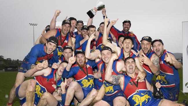 Huonville celebrates their grand final win over Cygnet. Picture: Zak Simmonds