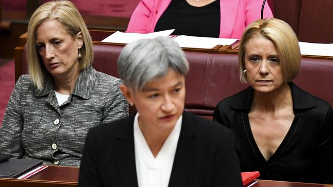 Labor Senate leaders Katy Gallagher and Kristina Keneally listen to the leader of the Opposition in the Senate Penny Wong during tributes to the late Senator Kimberley Kitching. Picture: AAP.