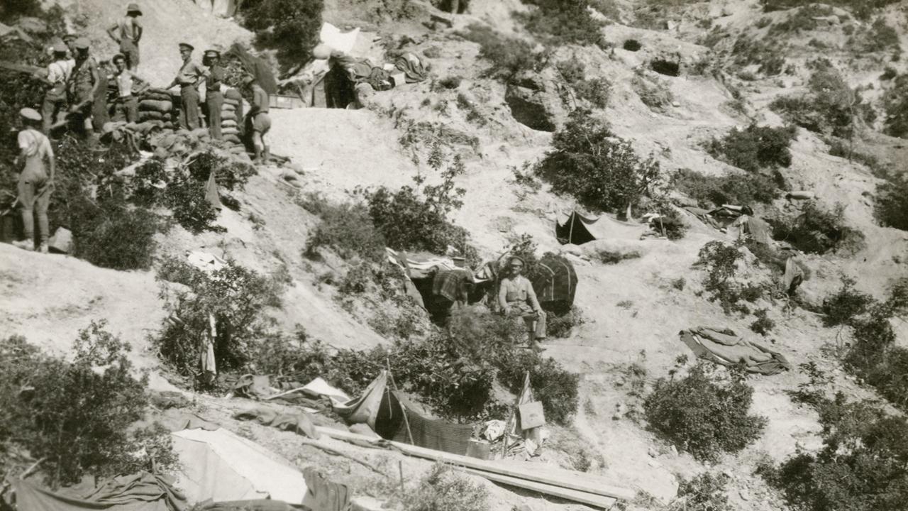 Captain Fred Leslie Biddle, 2nd Field Artillery Brigade, (centre) from camp in Gallipoli. Picture: Australian War Memorial