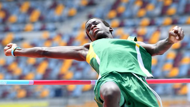 Under 14 High Jumper Alikana Malish.###Dad phone number Hassan 0412448955######DO NOT PRINT PHONE NUMBER###The Queensland All Schools track and field championships at QSAC.Saturday November 2, 2024. Picture, John Gass