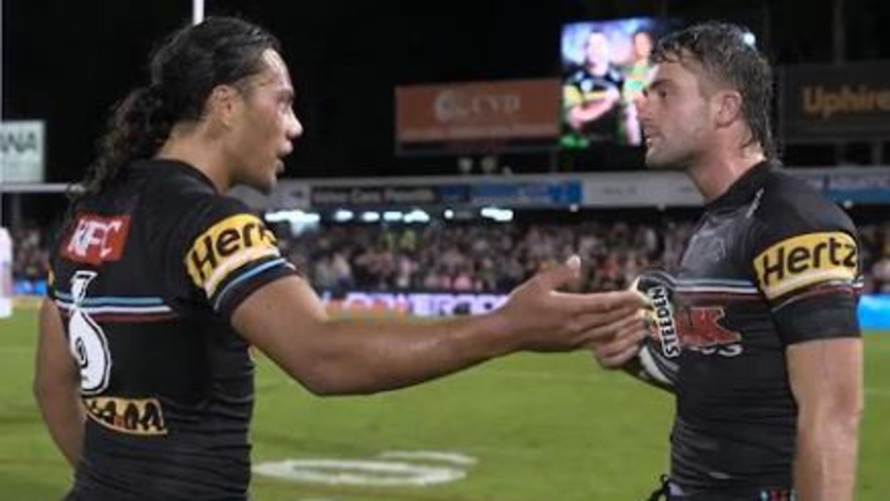 Jarome Luai and Jaeman Salmon have words after the Panthers loss to Brisbane. Pic: Channel 9