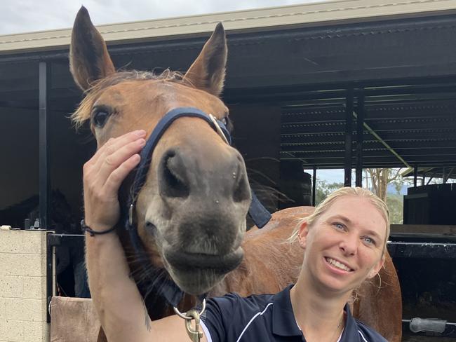 Queensland apprentice jockey Emily Pomfrett is back on the horse as she recovers from a brain injury sustained in a shocking incident earlier this year. Picture: Ben Dorries,