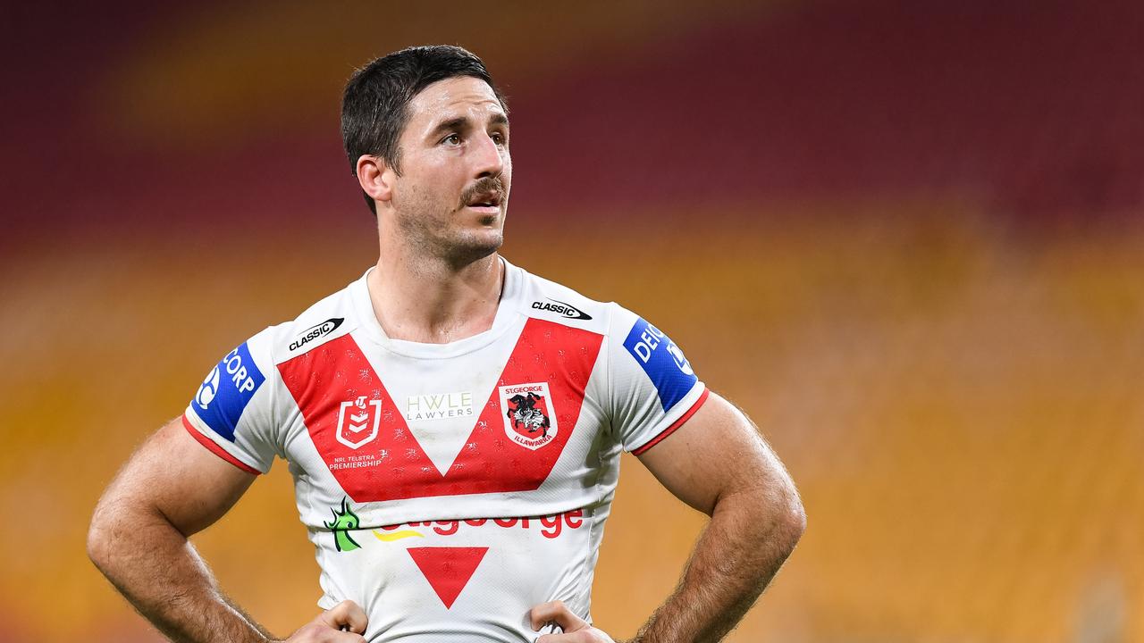 BRISBANE, AUSTRALIA - AUGUST 01: In this handout image provided by NRL Photos Ben Hunt of the Dragons looks on during the round 20 NRL match between the St George Illawarra Dragons and the South Sydney Rabbitohs at Browne Park, on August 01, 2021, in Brisbane, Australia. (Photo by Handout/NRL Photos via Getty Images )