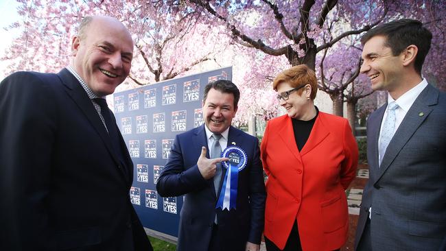 Liberals Trent Zimmerman, Dean Smith, Marise Payne and Trevor Evans at the Coalition Parliamentarians for Yes launch. Picture: Kym Smith