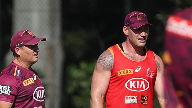 Coach Kevin Walters and Matt Lodge during training with the Brisbane Broncos, Red Hill. Photographer: Liam Kidston