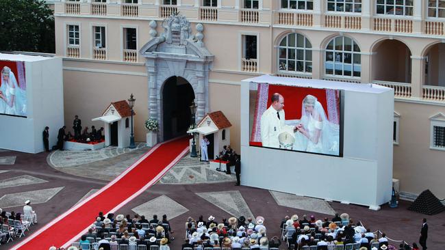 The religious wedding ceremony between Prince Albert and Charlene Wittstock, as seen in the palace square. Picture: Britta Campion