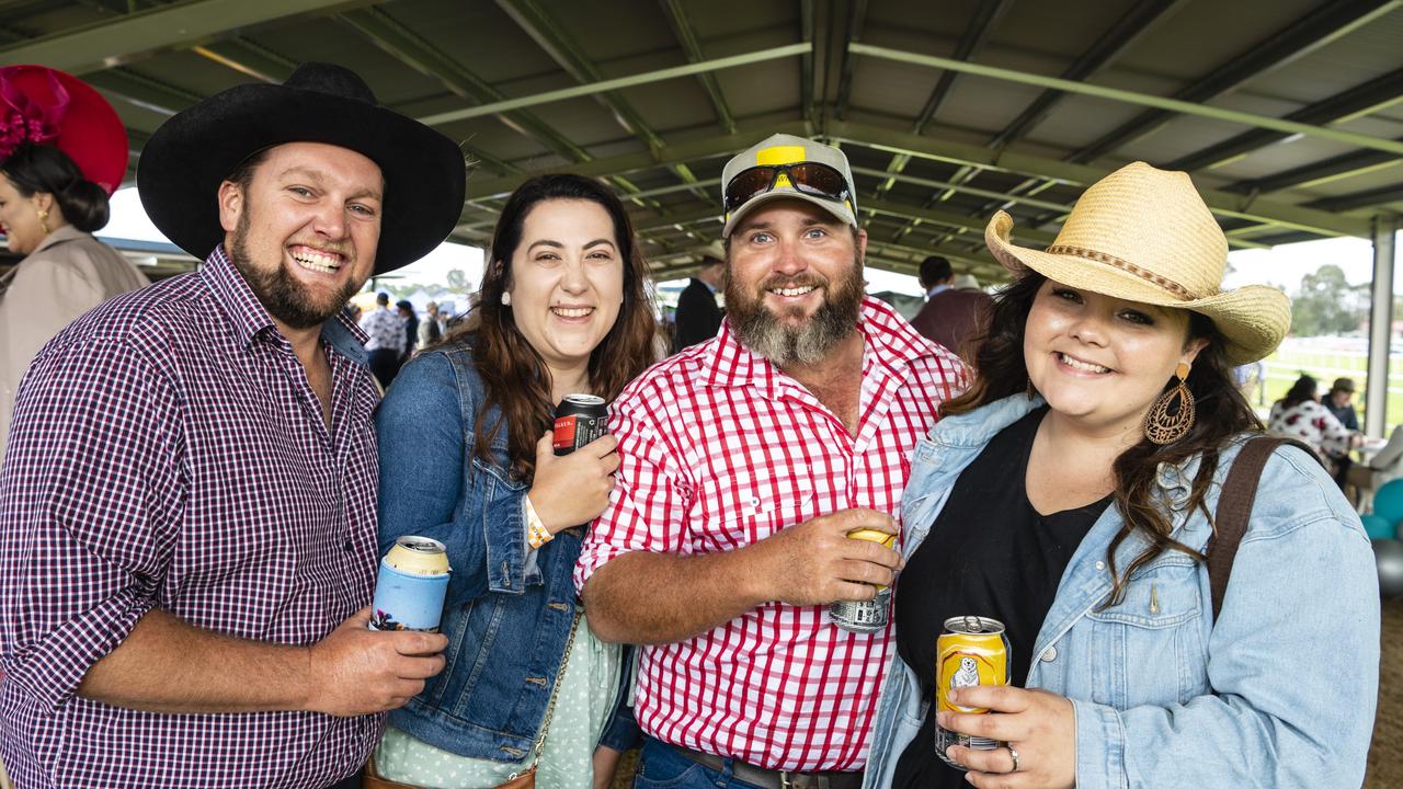 At the Clifton Jockey Club Clifton Cup races are (from left) Jacob Schwerin, Kristie Schwerin, Sam Haywood and Emily Haywood, Saturday, October 22, 2022. Picture: Kevin Farmer