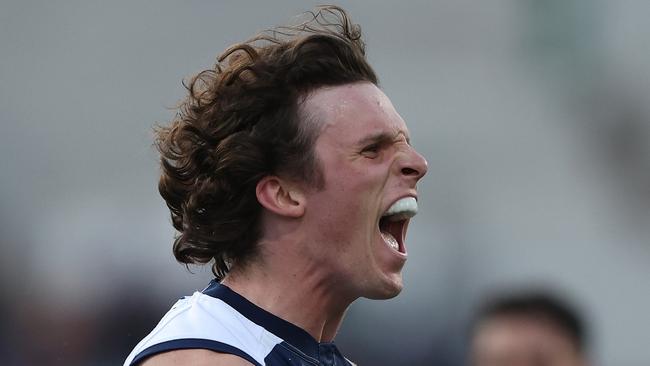 GEELONG, AUSTRALIA - MAY 06: Max Holmes of the Cats celebrates after scoring a goal during the round eight AFL match between Geelong Cats and Adelaide Crows at GMHBA Stadium, on May 06, 2023, in Geelong, Australia. (Photo by Robert Cianflone/Getty Images)