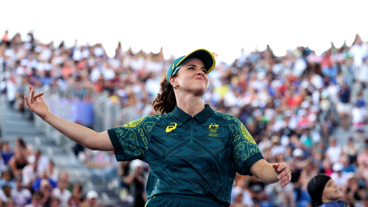 B-Girl Raygun during one of her Olympic routines. (Photo by Elsa/Getty Images)