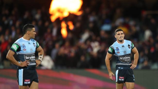 A dejected Cody Walker and Nathan Cleary at full time. Picture: Brett Costello