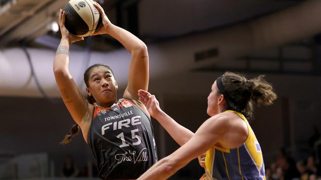 Townsville Fire’s Zitina Aokuso shoots against Bendigo Spirit at the Geelong Arena in January this year. Picture: Kelly Defina/Getty Images.