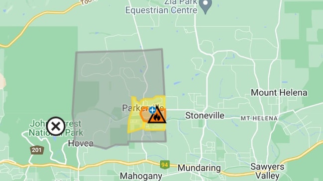 The Parkerville fire was downgraded to a Watch and Act at 2.45pm Thursday. Picture: DFES