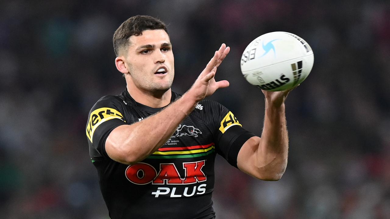 BRISBANE, AUSTRALIA - OCTOBER 03: Nathan Cleary of the Panthers catches the ball during the 2021 NRL Grand Final match between the Penrith Panthers and the South Sydney Rabbitohs at Suncorp Stadium on October 03, 2021, in Brisbane, Australia. (Photo by Bradley Kanaris/Getty Images)