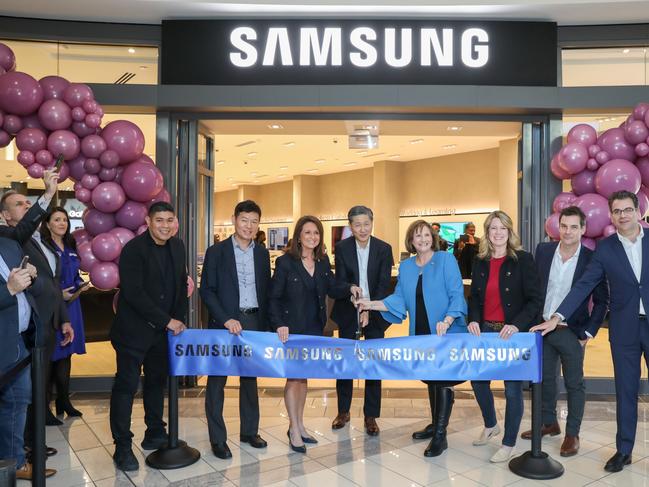 FRISCO, TEXAS - FEBRUARY 18: (L-R) Jose Parral, Store Manager, Yoonie Joung, Executive Vice President, Co-Lead Mobile eXperience, Samsung Electronics America, Texas State Senator Angela Paxton, KS Choi, President and CEO, Samsung Electronics North America, Congresswoman Candy Noble, Council Member Shona Huffman, Jude Buckley, Executive Vice President, Co-Lead Mobile eXperience, Samsung Electronics America, Allister Jones, Senior Vice President, Head of Retail, Samsung Electronics America attend the Samsung Experience Store Grand Opening at Stonebriar Centre on February 18, 2022 in Frisco, Texas. (Photo by Rick Kern/Getty Images for Samsung Electronics America)