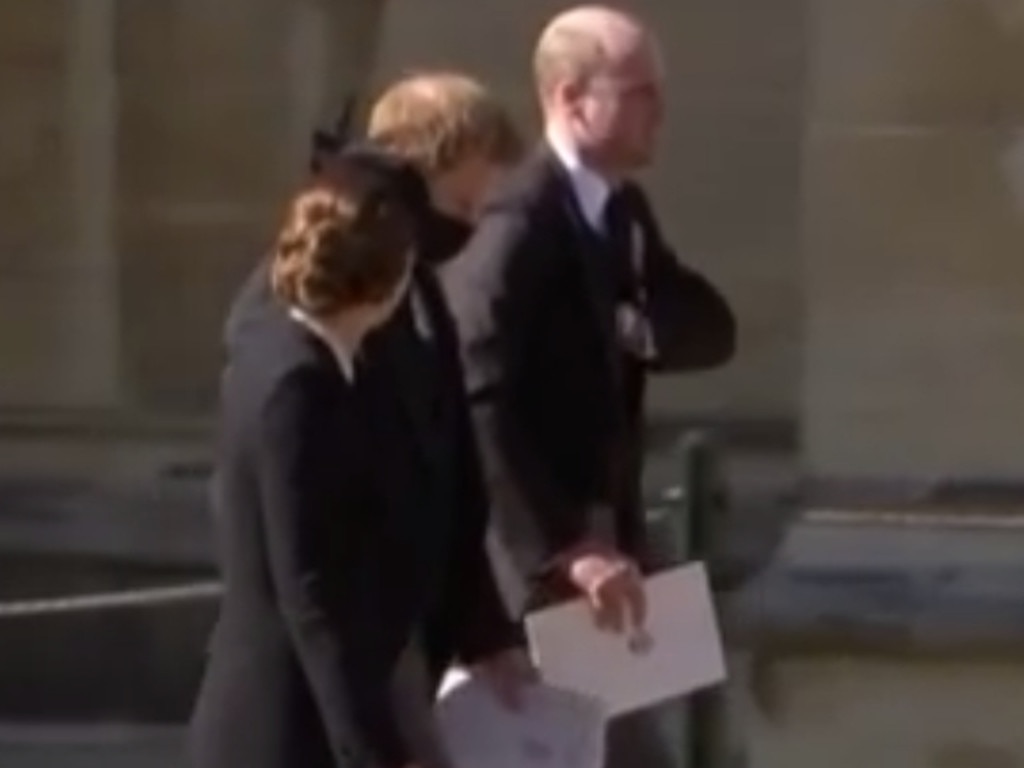 Catherine, Prince Harry and Prince William walking together after the funeral service for Prince Philip in April. Picture: 7 NEWS