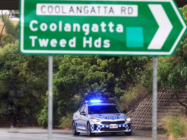 A Queensland Police car sits on the border of NSW and Queensland on the M1 Highway at Bilinga outside the Airport. Gold Coast border Tweed CoolangattaPhoto: Scott Powick Newscorp Australia