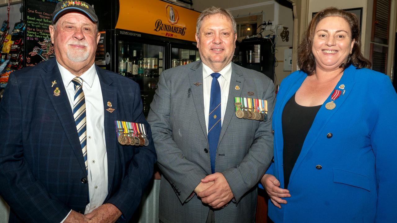 Glen Greaves, Rod Farncisco and Linda Kelly 5am ANZAC Day Walkerston Friday 25 April 2025 Picture:Michaela Harlow