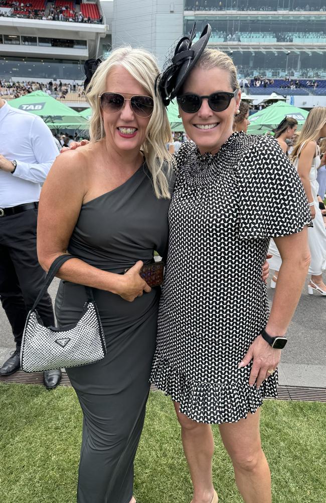 Amanda Smith and Sarah Sharpe at Flemington for Derby Day on November 2, 2024. Picture: Phillippa Butt