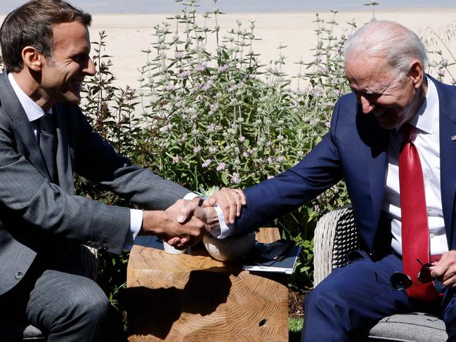 France's President Emmanuel Macron greets US President Joe Biden before a bilateral meeting during the G7 summit in Cornwall on June 12, 2021. Picture: AFP