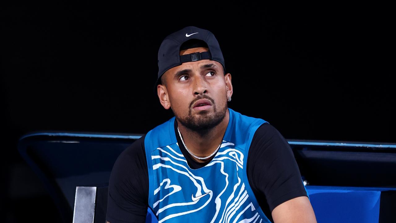 MELBOURNE, AUSTRALIA – JANUARY 13: Nick Kyrgios of Australia prepares before his Arena Showdown charity match against Novak Djokovic of Serbia ahead of the 2023 Australian Open at Melbourne Park on January 13, 2023 in Melbourne, Australia. (Photo by Graham Denholm/Getty Images)