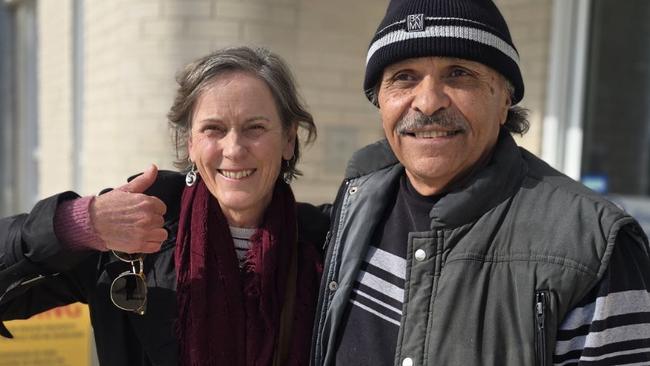 Convicted killer Derek Bromley (R), with long time supporter Robyn Milera (L)  has walked free from prison at Northfield. The 68-year-old was sentenced to life behind bars for the murder of Stephen Docoza whose body was found floating in the River Torrens in 1984. Picture: 7NEWS