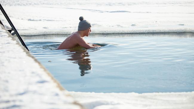 Beanies rather than bathing caps for ice swimming in Finland.