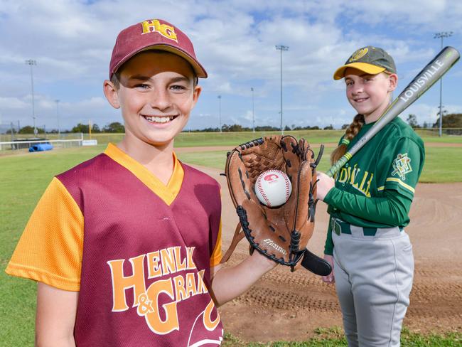 Baseball kids Jett Harris from the Henley and Grange Rams and Alice Brown from the Woodville Senators at West Beach, October 29, 2020. Baseball SA has embraced a SA run program in which kids + parents are taught how to behave on ground and the sidelines, being rolled out by award-winning Sammy D Foundation. Picture: Brenton Edwards