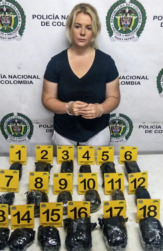 Australian Cassie Sainsbury after being arrested with 5.8 kilograms of cocaine in her suitcase, at the El Dorado International Airport in Bogota in April 12, 2017. Picture: AFP