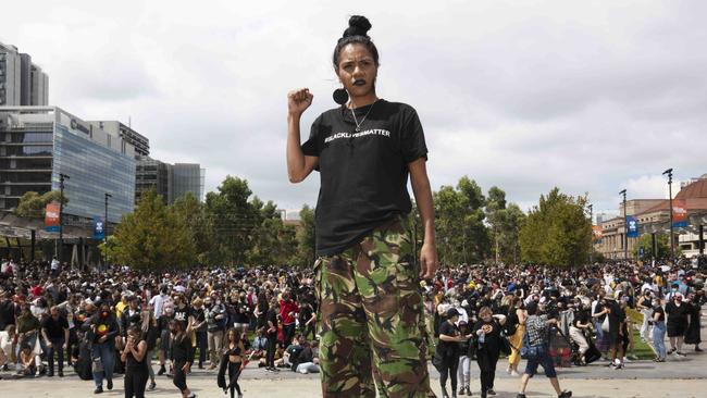 Natasha Wanganeen at a Black Lives Matter rally in Adelaide. Picture: NCA NewsWire / Emma Brasier.