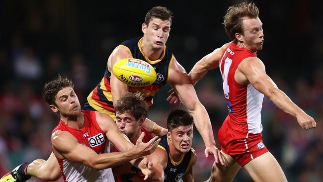 Crows forward Josh Jenkins flies for a mark, Picture: Getty Images