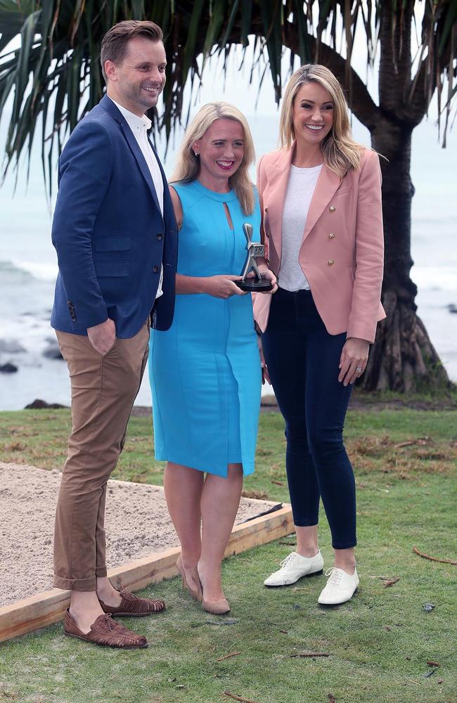 TV Week editor Thomas Woodgate, Tourism Minister Kate Jones and Leila McKinnon at Burleigh Heads for the launch of voting for the 2018 awards. Picture: Andrew Carlile/Mega