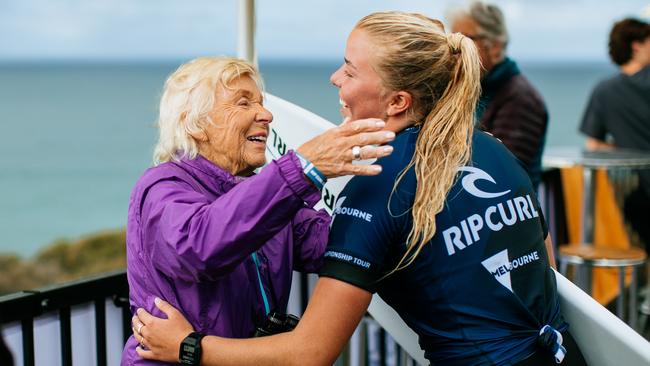 Ellie Harrison embraces her grandmother Dabba after beating Tyler Wright. Picture: Ed Sloane / World Surf League