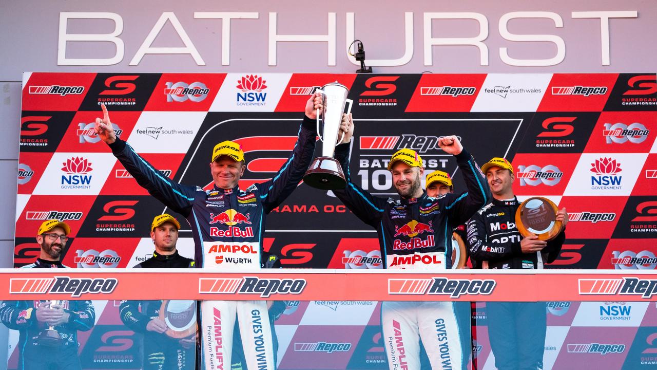 Shane van Gisbergen driver of the #97 Red Bull Ampol Holden Commodore ZB and Garth Tander driver of the #97 Red Bull Ampol Holden Commodore ZB celebrate after winning the 2022 Bathurst 1000. (Photo by Daniel Kalisz/Getty Images)