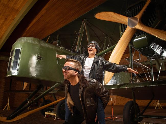 Composer Paul Rissmann with Jack Nelson 10 in front of the historic Vickers Vimy at Adelaide Airport to promote the ASOÕs Dreams of Air and Flight concert on Friday 2 August, 6pm Adelaide Town Hall. PICTURE: Brad Fleet