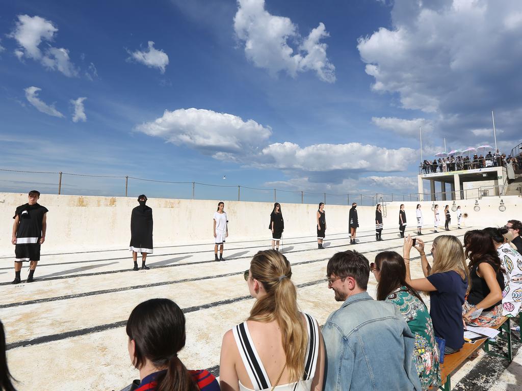 Models pose during the Ten Pieces show at Mercedes-Benz Fashion Week Australia 2015 at Bondi Icebergs. Picture: Getty