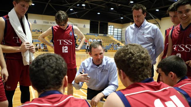 It's old boys day this weekend at TSS. TSS basketball (maroon) vs. BGS. Photo of coach Anthony Petrie. Photo by Richard Gosling.