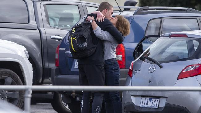 Richmond’s Jack Ross farewells his family on July 6. Picture: Wayne Taylor.