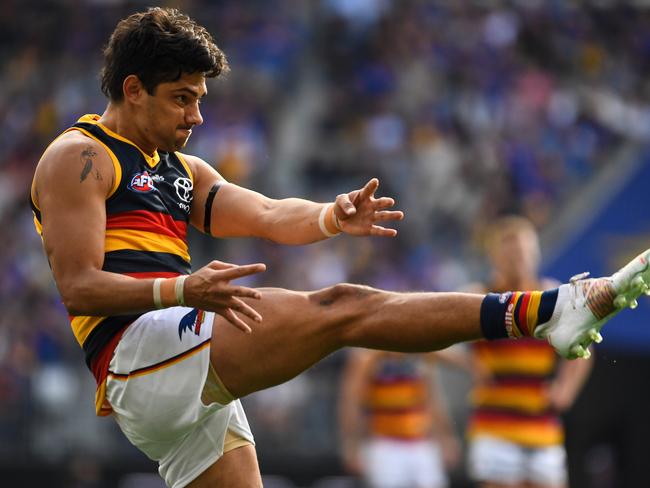 PERTH, AUSTRALIA - MAY 16: Shane McAdam of the Crows kicks on goal during the 2021 AFL Round 09 match between the West Coast Eagles and the Adelaide Crows at Optus Stadium on May 16, 2021 in Perth, Australia. (Photo by Daniel Carson/AFL Photos via Getty Images)