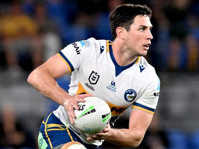 GOLD COAST, AUSTRALIA - APRIL 09: Mitchell Moses of the Eels in action during the round five NRL match between the Gold Coast Titans and the Parramatta Eels at Cbus Super Stadium, on April 09 2022, in Gold Coast, Australia. (Photo by Bradley Kanaris/Getty Images)